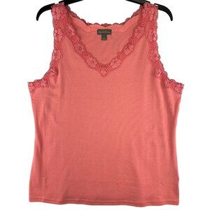 Style & Co Womens Size Large Scallop Tank Top Salmon Rose Lace Trim Sleeveless